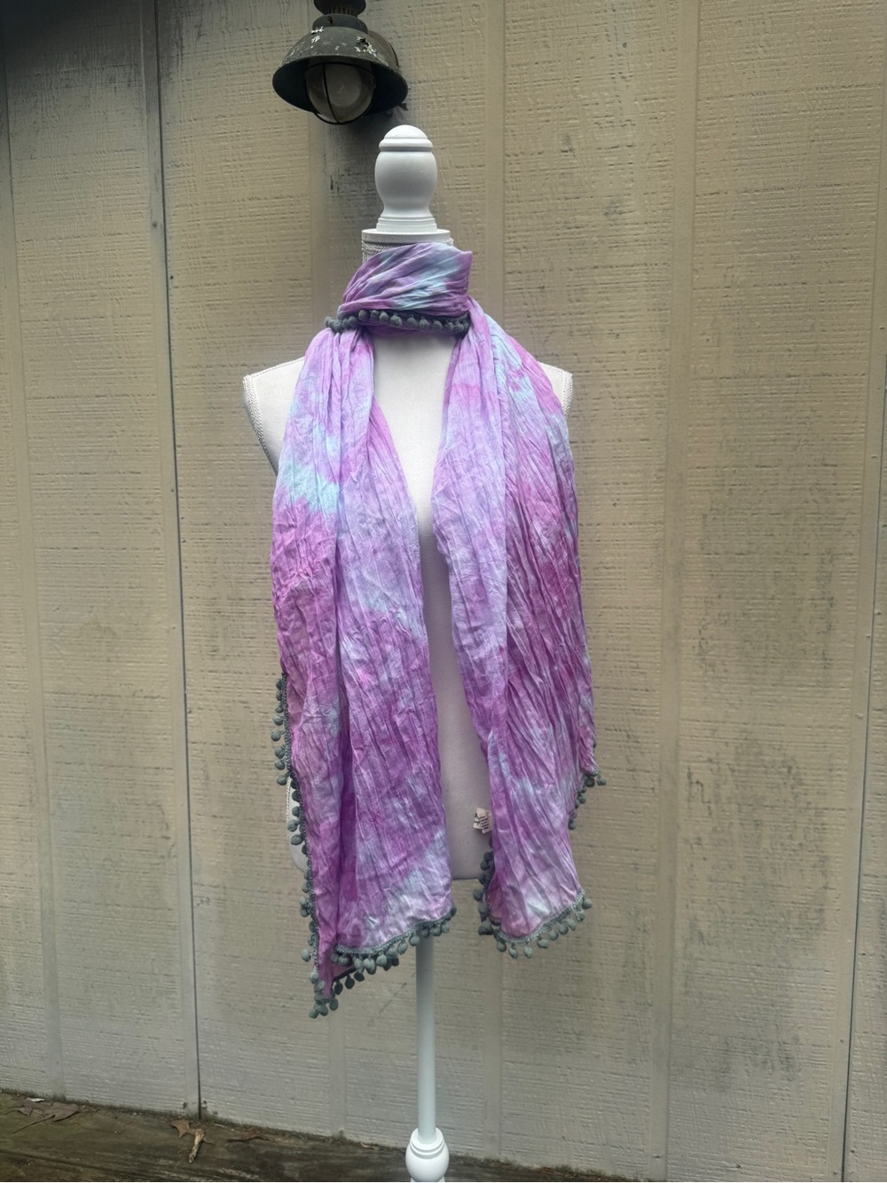 NATURAL LIFE Lavender and Light Blue Tie-Dye Scarf with Pom Trim